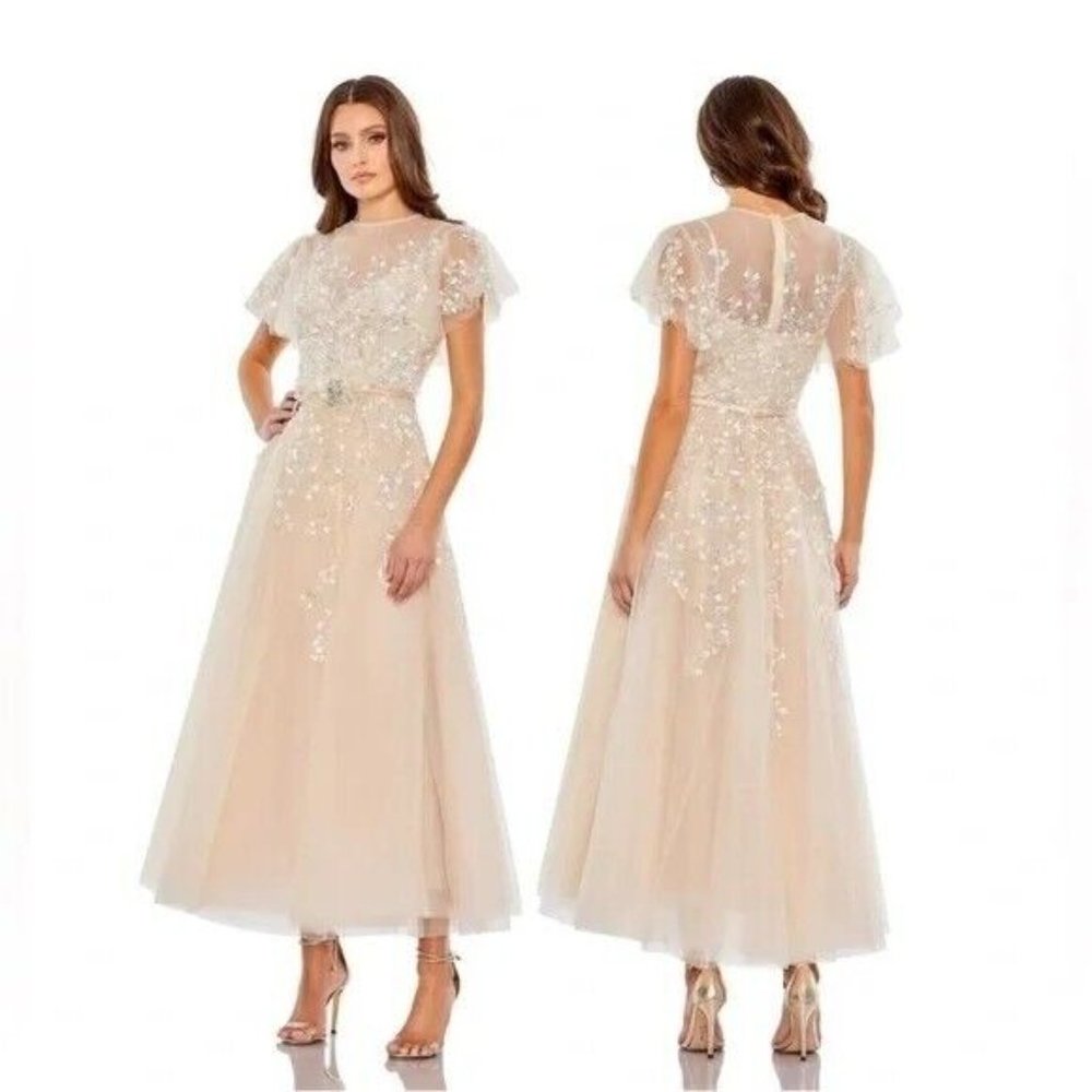 NWT MAC DUGGAL FLUTTER SLEEVE BOW WAIST A‎ LINE DRESS NUDE 20362 $798